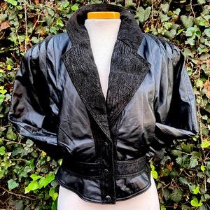 Vintage 1980’s Black Leather & Embossed Suede Raglan Sleeve Batwing Crop Jacket